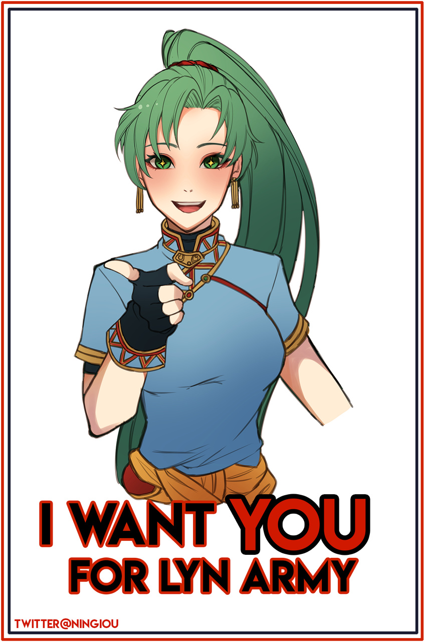 1girl fingerless_gloves fire_emblem fire_emblem:_rekka_no_ken fire_emblem_heroes gloves green_eyes green_hair highres i_want_you kyou_(ningiou) long_hair looking_at_viewer lyndis_(fire_emblem) pointing pointing_at_viewer ponytail simple_background smile solo uncle_sam white_background