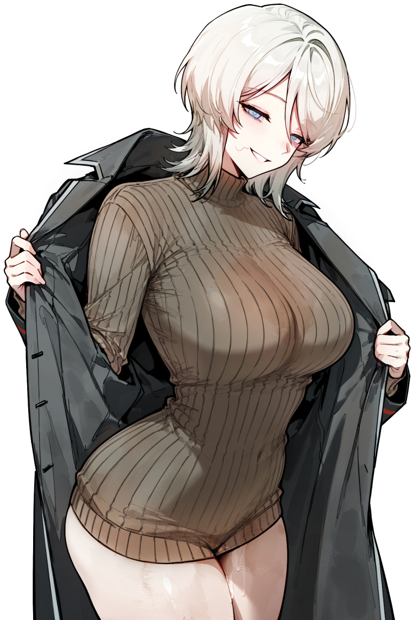 1girl blue_eyes breasts coat faust_(project_moon) grey_coat highres large_breasts limbus_company long_sleeves moriligan project_moon ribbed_sleeves ribbed_sweater simple_background smile solo sweater turtleneck turtleneck_sweater white_background white_hair