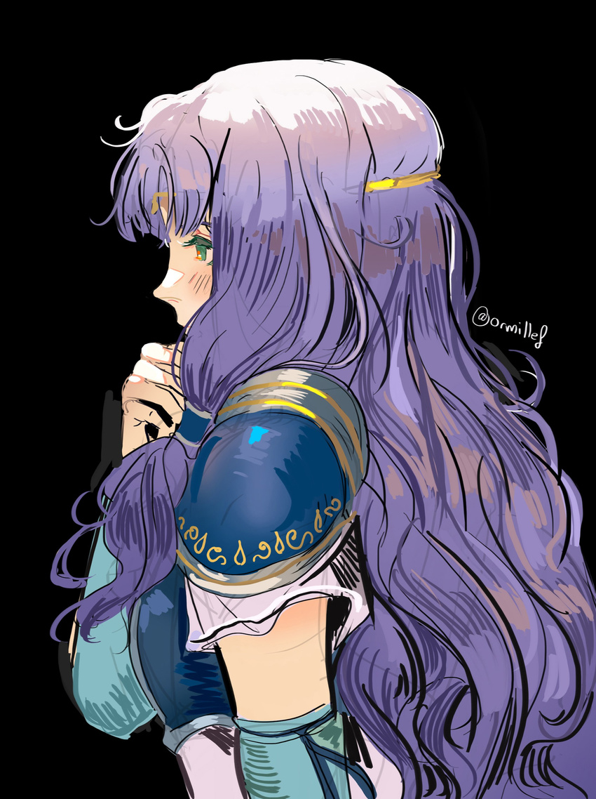 absurdres armor black_background blue_hair fire_emblem fire_emblem:_rekka_no_ken florina green_eyes highres long_hair looking_at_viewer ormille pauldrons simple_background solo