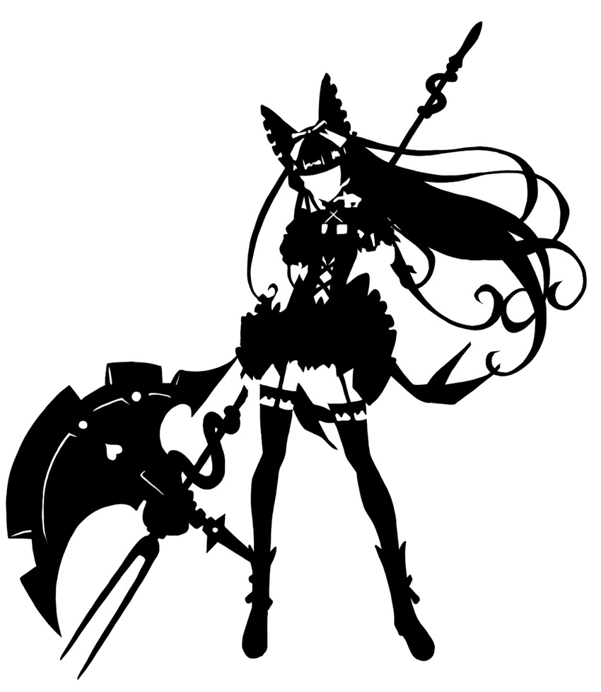 animal_ears arm_behind_back black_dress black_legwear cat_ears dress fake_animal_ears floating_hair full_body garter_straps garters gate_-_jieitai_ka_no_chi_nite_kaku_tatakaeri gothic_lolita greyscale halberd high_contrast highres holding holding_weapon kirigami kyabakurabakufu lolita_fashion long_hair monochrome polearm rory_mercury short_dress short_sleeves silhouette simple_background solo standing thighhighs very_long_hair weapon white_background