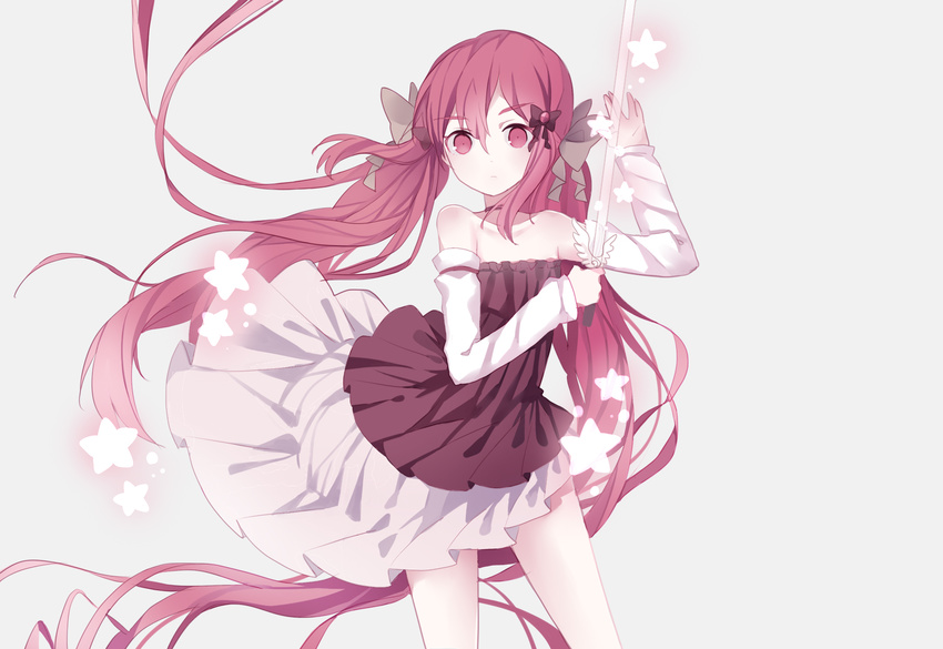 bare_shoulders bow cuivre detached_sleeves dress grey_background hair_bow hair_ornament hand_up highres holding holding_sword holding_weapon long_hair looking_at_viewer original pink_eyes pink_hair solo standing star sword very_long_hair weapon white_bow