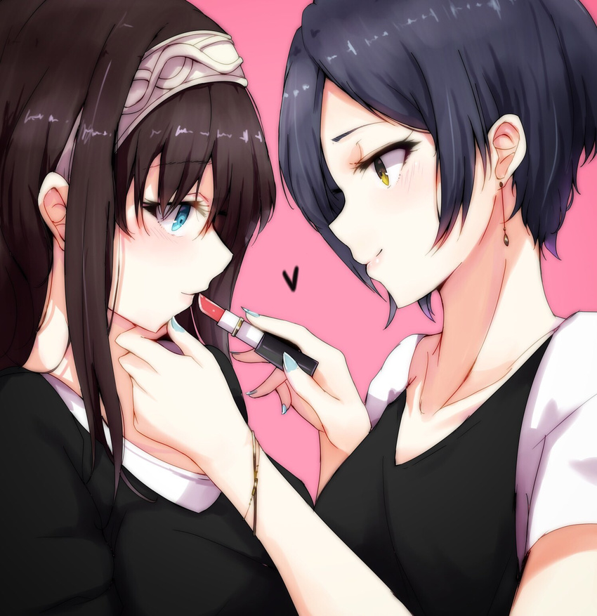 applying_makeup aqua_nails bangs black_hair black_shirt blush bracelet breasts brown_hair closed_mouth collarbone commentary_request earrings eyebrows_visible_through_hair eyelashes face-to-face fingernails from_side hair_between_eyes hairband hand_on_another's_chin hands_up hayami_kanade highres holding holding_lipstick idolmaster idolmaster_cinderella_girls jewelry lips lipstick lipstick_tube long_fingernails long_hair looking_at_another makeup medium_breasts multiple_girls nail_polish pink_background pink_lips pink_lipstick profile ryuu. sagisawa_fumika shirt short_hair short_sleeves sidelocks simple_background smile upper_body white_hairband yellow_eyes yuri