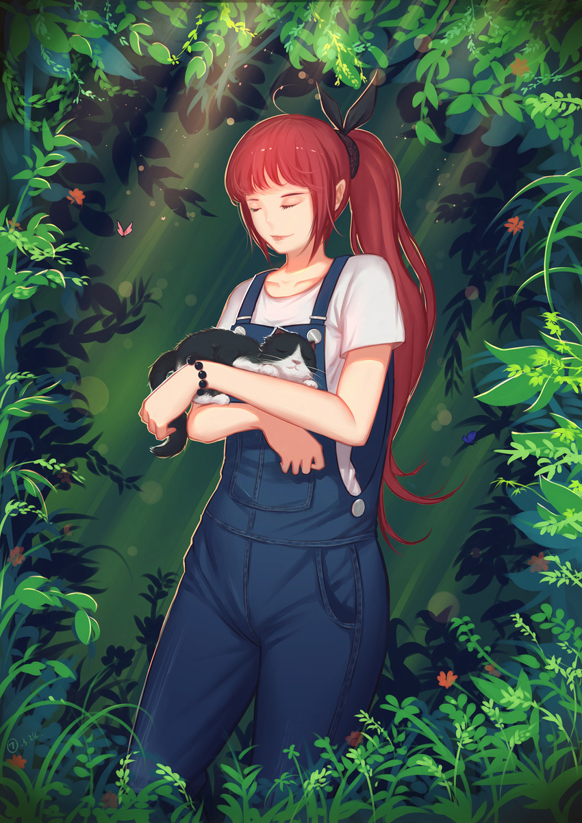 a black_cat bracelet bug butterfly cat closed_eyes facing_viewer highres holding holding_cat insect jewelry light_rays original outdoors overalls plant ponytail red_hair solo standing sunbeam sunlight zhang_tie_tong