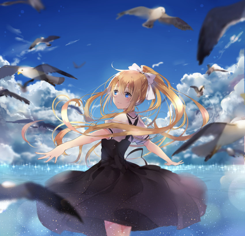 absurdres air bangs bird blonde_hair blue_eyes blue_sky blurry cloud cloudy_sky cowboy_shot day depth_of_field dress eyebrows_visible_through_hair flock hair_ribbon highres kamio_misuzu kona_(mmmkona) long_hair looking_away ocean outdoors outstretched_arms ponytail ribbon seagull short_sleeves sky smile solo sparkle spread_arms very_long_hair water white_ribbon
