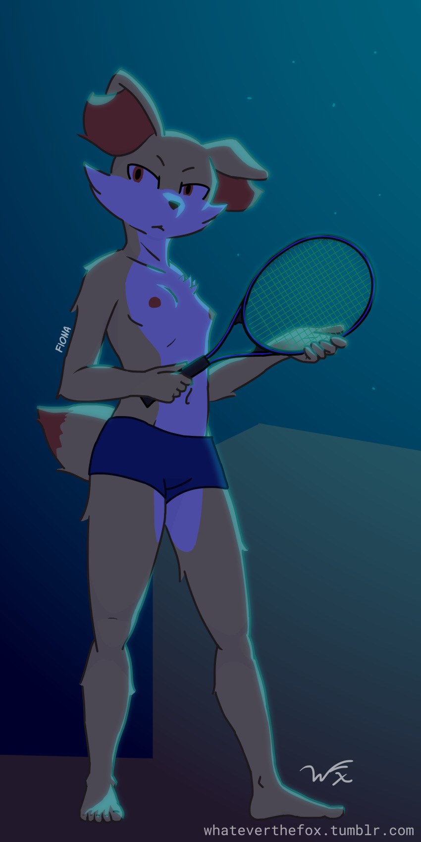 alert anthro boy_shorts breasts clothed clothing dark female fennekin fiona_(whateverthefox) holding_object nintendo pok&eacute;mon pok&eacute;mon_(species) shorts small_breasts solo standing tennis_racquet topless underwear video_games whateverthefox