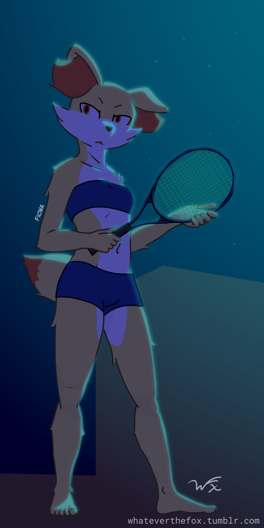 alert anthro bandeau_bra boy_shorts bra clothing dark female fennekin fiona_(whateverthefox) holding_object nintendo pok&eacute;mon pok&eacute;mon_(species) shorts solo standing tennis_racquet underwear video_games whateverthefox