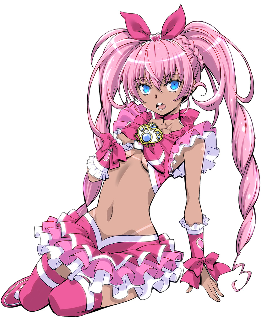 blue_eyes breasts brooch choker cure_melody eyebrows_visible_through_hair frilled_skirt frills hairband hand_under_clothes highres houjou_hibiki jewelry long_hair looking_at_viewer looking_to_the_side magical_girl midriff navel open_mouth pink_hair pink_skirt precure sena_monaco simple_background skirt small_breasts solo suite_precure tan tanline thighhighs twintails underboob white_background