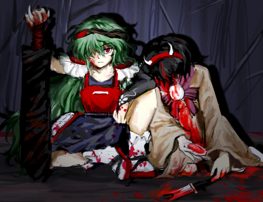 2others androgynous armor black_hair blood blood_on_clothes blood_on_face blood_on_ground blood_on_hands blood_on_weapon blue_skirt bow club_(weapon) corpse fake_horns gloves green_hair guro hairband headband highres holding holding_weapon horns japanese_clothes kimono knife leaning_on_person len'en long_hair looking_at_viewer multiple_others other_focus otogisum3 red_eyes red_hairband red_shirt shirt short_hair shoulder_armor siblings single_glove skirt socks taira_no_chouki taira_no_fumikado weapon white_socks