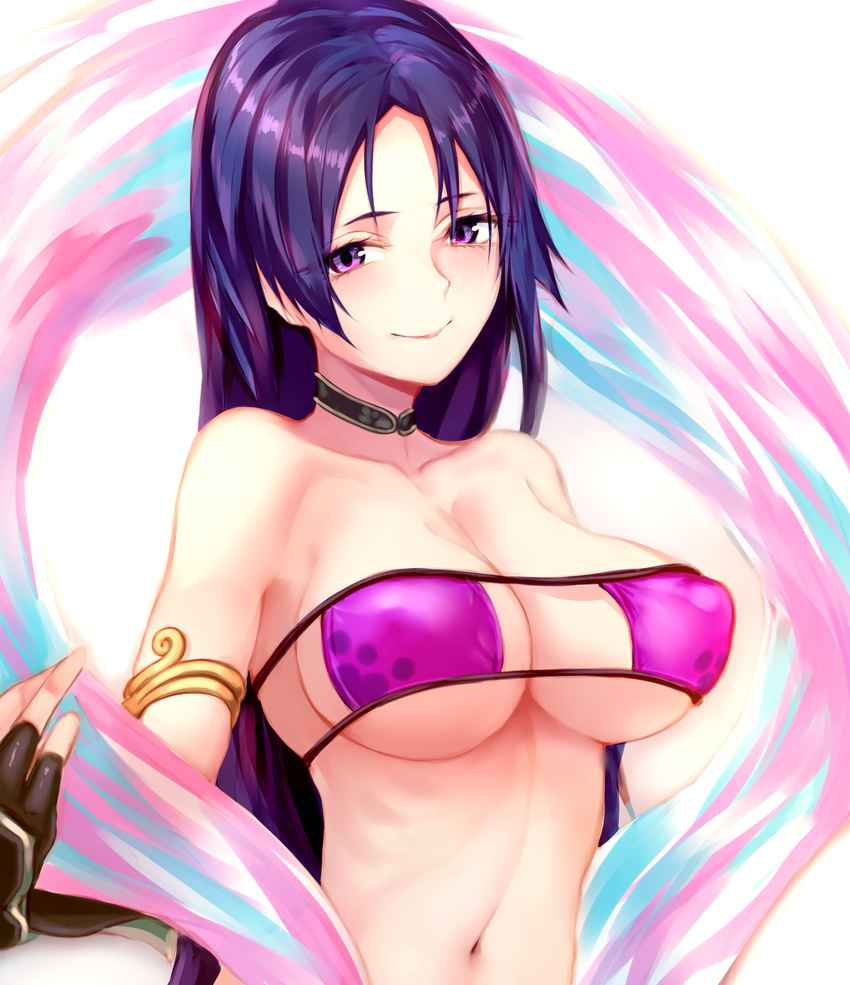 absurdres arm_guards armlet bangs bare_shoulders bikini black_gloves blush breasts choker cleavage collarbone commentary_request elbow_gloves eyepatch_bikini fate/grand_order fate_(series) fingerless_gloves gloves highres large_breasts long_hair looking_at_viewer minamoto_no_raikou_(fate/grand_order) minamoto_no_raikou_(swimsuit_lancer)_(fate) navel parted_bangs purple_bikini purple_eyes purple_hair sash simple_background smile solo sukemyon swimsuit upper_body very_long_hair white_background