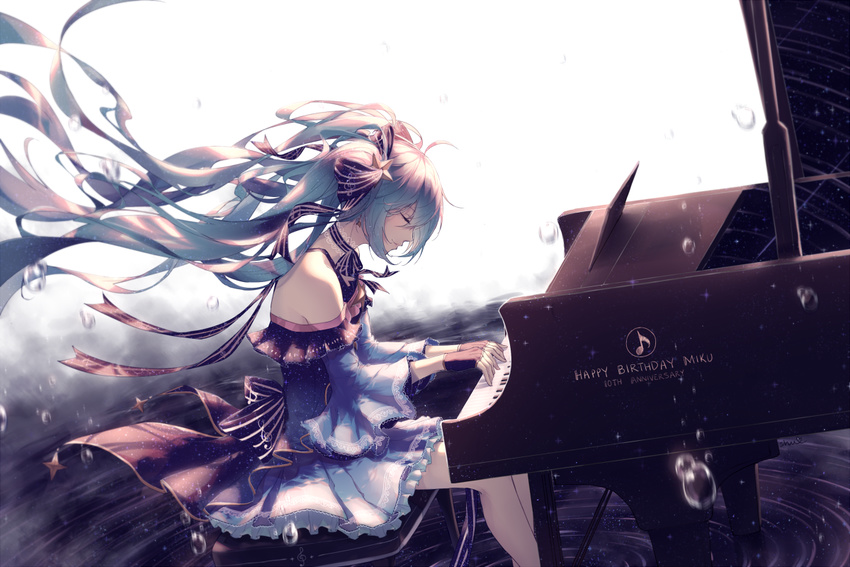 anniversary bangs bare_shoulders black_gloves blue_dress blue_hair character_name closed_mouth commentary dress dutch_angle eighth_note fingerless_gloves floating_hair from_side gloves happy_birthday hatsune_miku instrument long_hair musical_note piano piano_bench playing ripples shuryukan sidelocks sitting solo star_night_snow_(vocaloid) twintails very_long_hair vocaloid water_drop yuki_miku yuki_miku_(2017)