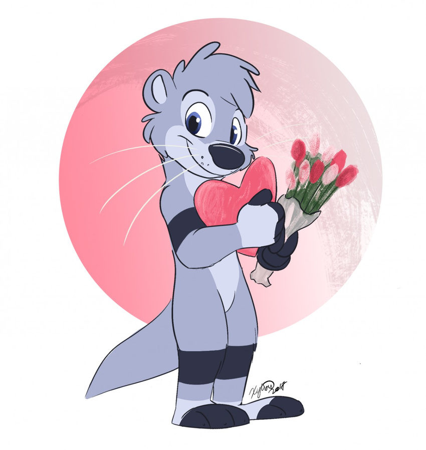 3_toes 4_fingers anthro blue_eyes flower fur grey_fur looking_at_viewer male mammal mustelid otter plant simple_background solo standing toes whiskers xylious