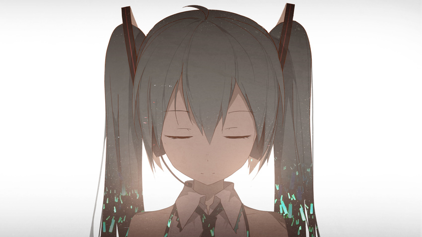 bangs bare_shoulders closed_eyes closed_mouth collared_shirt double_exposure eyebrows_visible_through_hair facing_viewer glowstick gradient gradient_background grey_hair grey_shirt hair_between_eyes hatsune_miku highres kieed light_smile long_hair necktie shirt sleeveless sleeveless_shirt solo twintails upper_body vocaloid