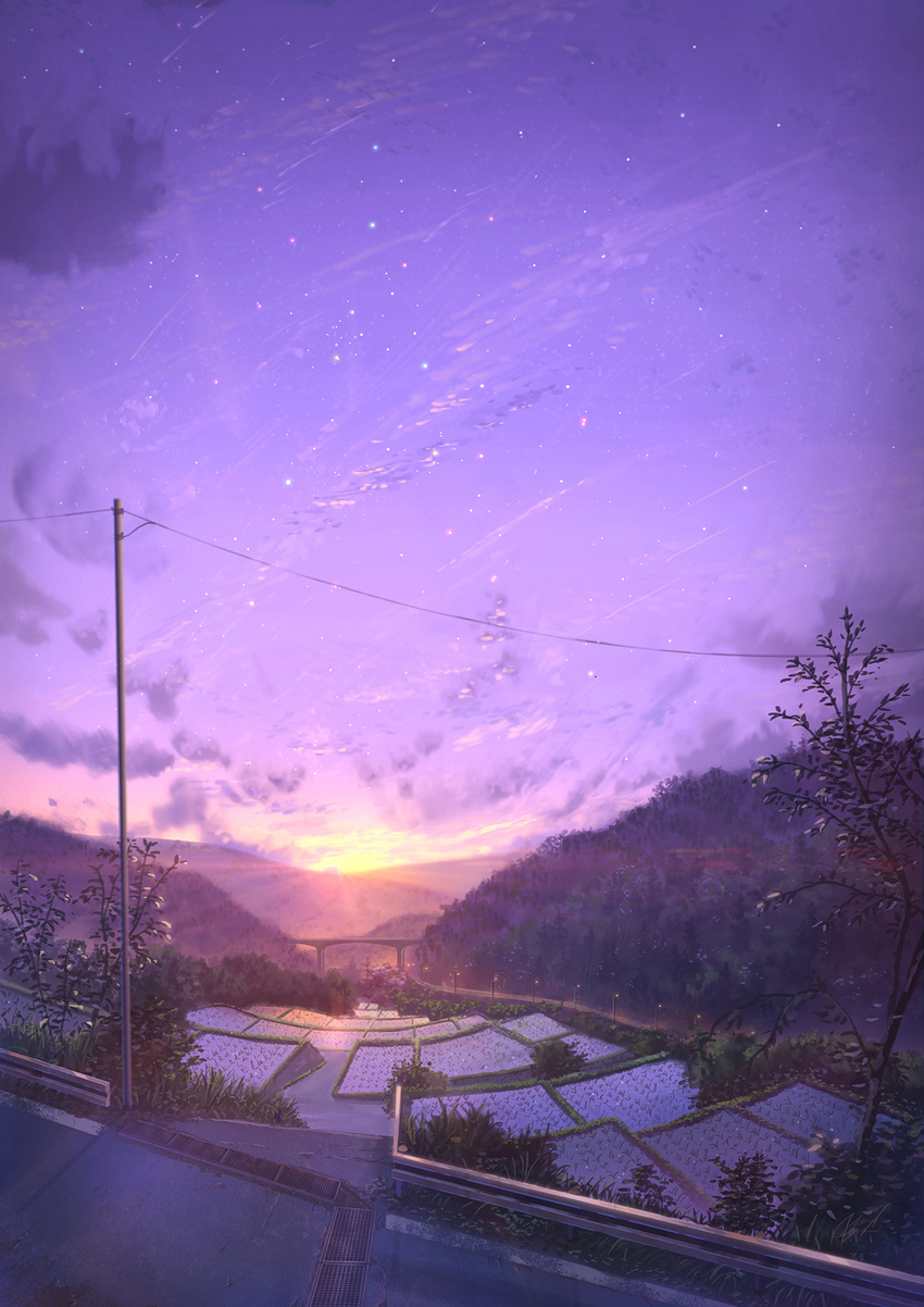 cloud commentary forest grass highres hill horizon mountain nature night night_sky niko_p no_humans original outdoors plant power_lines purple_sky railing rice_paddy road scenery sewer_grate sky sunset telephone_pole tree
