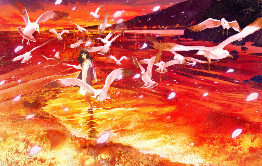 bird black_eyes black_hair commentary_request dress feathers flock flying gemi highres jacket long_hair long_sleeves mountain outdoors parted_lips pink_jacket red_sky reflection scarf scenery seagull shore sky solo standing sunset wading white_dress