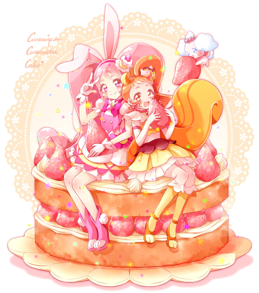 animal_ears arisugawa_himari boots brown_eyes brown_hair bunny_ears cake cake_hair_ornament cure_custard cure_whip elbow_gloves extra_ears food food_themed_hair_ornament fruit gloves hair_ornament highres kirakira_precure_a_la_mode long_hair looking_at_viewer magical_girl multiple_girls pekorin_(precure) piano_(mymel0v) pink_eyes pink_footwear pink_hair precure sitting smile squirrel_ears squirrel_tail strawberry strawberry_shortcake tail twintails usami_ichika v white_gloves