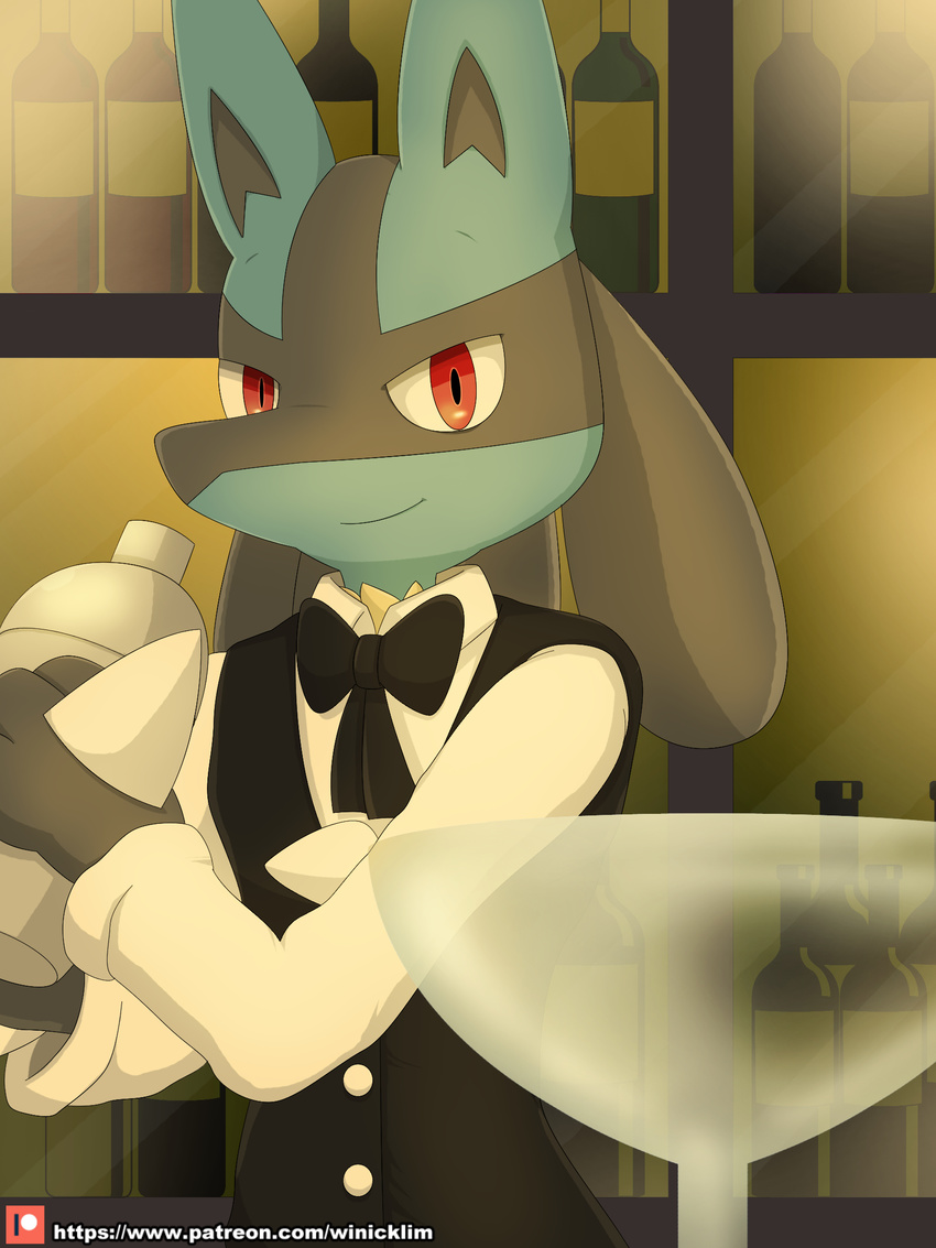 ambiguous_gender anthro bar bartender big_ears bottle bow canine close-up clothed clothing cup fur hi_res long_ears looking_at_viewer lucario mammal nintendo pok&eacute;mon red_eyes shaker smile solo spikes standing uniform video_games wine_glass winick-lim