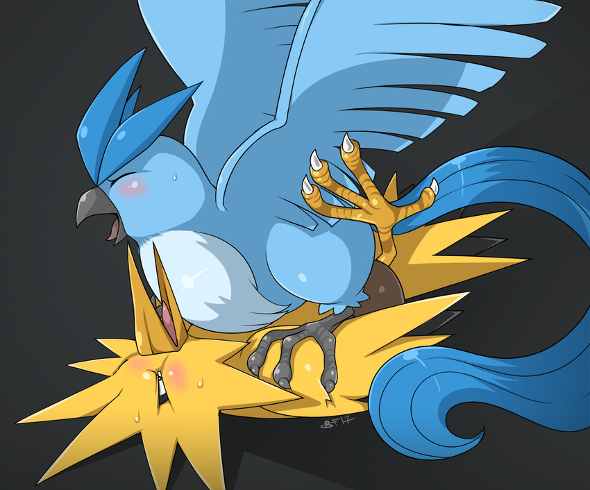 articuno avian barefoot beak blush claws cowgirl_position eyes_closed feathers female feral feral_on_feral legendary_pok&eacute;mon looking_up lying male male/female nintendo nude on_back on_ground on_top open_mouth penetration pok&eacute;mon raised_leg sex sharp_claws slimefur squint sweat toe_claws tongue tongue_out video_games wing_boner wings zapdos