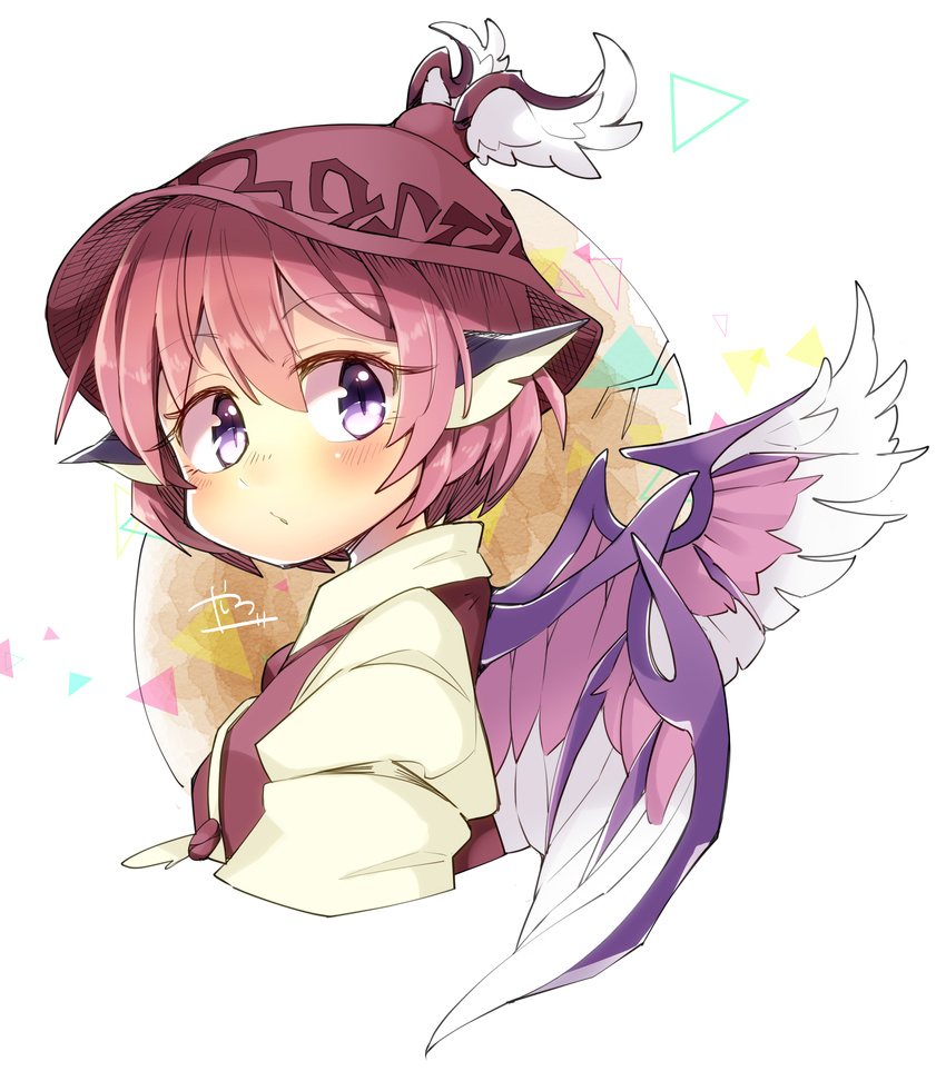 abe_suke animal_ears bangs blush collaboration commentary eyebrows_visible_through_hair from_side hair_between_eyes hat highres ini_(inunabe00) looking_at_viewer looking_to_the_side mystia_lorelei pink_hair purple_eyes short_hair signature slit_pupils solo touhou upper_body white_background wings