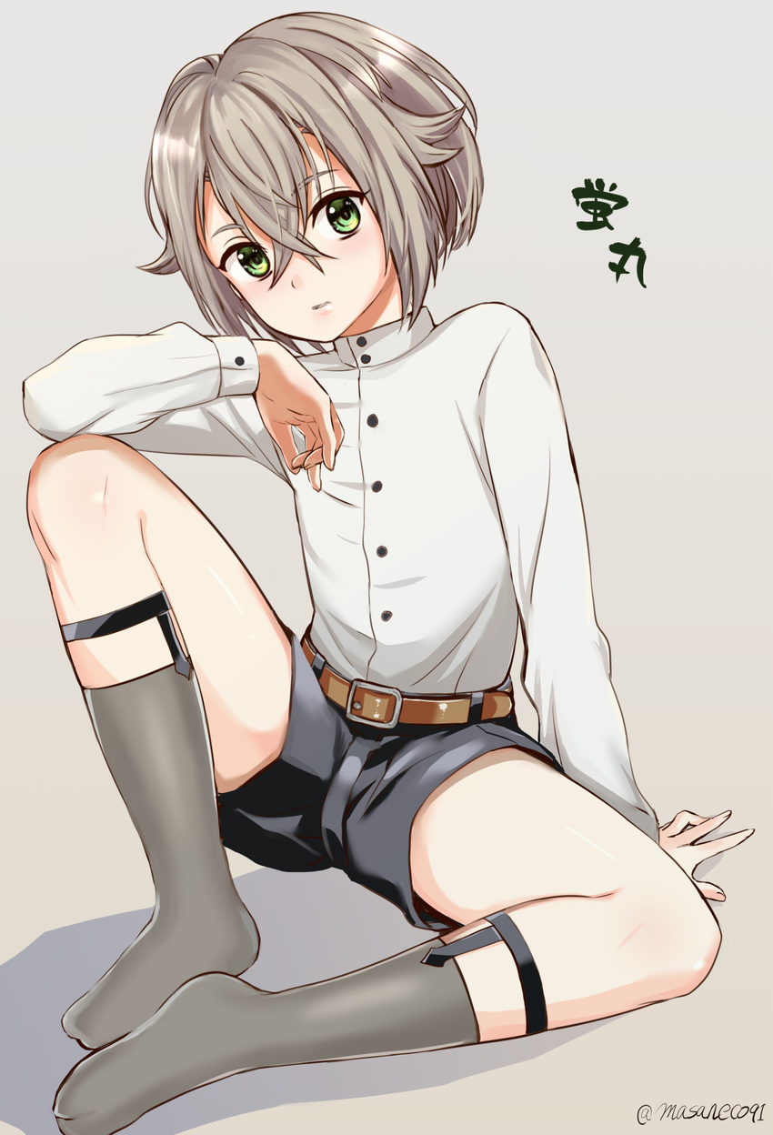 arm_behind_back arm_support bangs belt black_shorts brown_belt buttons character_name commentary_request eyebrows_visible_through_hair full_body green_eyes grey_background grey_hair grey_legwear hair_between_eyes hand_up head_tilt high_collar highres hotarumaru knee_up long_sleeves looking_at_viewer male_focus no_shoes parted_bangs parted_lips puca-rasu shirt short_shorts shorts simple_background sitting sock_garters socks solo spread_legs touken_ranbu twitter_username white_shirt