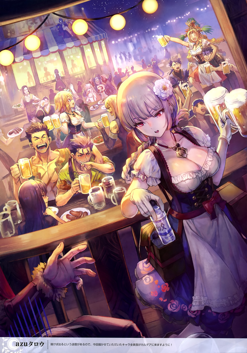 6+girls :d ^_^ absurdres arm_up asphyxiation azutarou bandana beer_mug blonde_hair blue_hair blush braid breasts caster_(fate/zero) chin_rest cleavage closed_eyes cross-laced_clothes cu_chulainn_(fate/prototype) cu_chulainn_alter_(fate/grand_order) cup dirndl drinking drinking_glass drunk dutch_angle fate/apocrypha fate/grand_order fate/hollow_ataraxia fate/prototype fate/zero fate_(series) fergus_mac_roich_(fate/grand_order) fionn_mac_cumhaill_(fate/grand_order) florence_nightingale_(fate/grand_order) flower german_clothes gilles_de_rais_(fate/grand_order) gloves hair_flower hair_ornament highres holding holding_cup ibaraki_douji_(fate/grand_order) jeanne_d'arc_(fate) jeanne_d'arc_(fate)_(all) jewelry lancer lancer_(fate/zero) large_breasts long_hair medb_(fate)_(all) medb_(fate/grand_order) multiple_boys multiple_girls necklace official_art oktoberfest open_mouth outdoors quetzalcoatl_(fate/grand_order) red_eyes rider_(fate/zero) scan scathach_(fate)_(all) scathach_(fate/grand_order) shaded_face short_hair shuten_douji_(fate/grand_order) smile sweatdrop tomoe_(symbol) translation_request tray underbust v-shaped_eyebrows vambraces white_gloves wiping_mouth