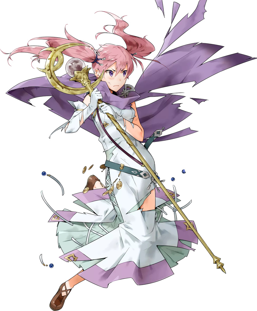belt breasts cape dress elbow_gloves fire_emblem fire_emblem:_rekka_no_ken fire_emblem_heroes full_body gloves highres long_hair official_art pink_hair purple_eyes scarf serra small_breasts solo staff torn_clothes transparent_background twintails