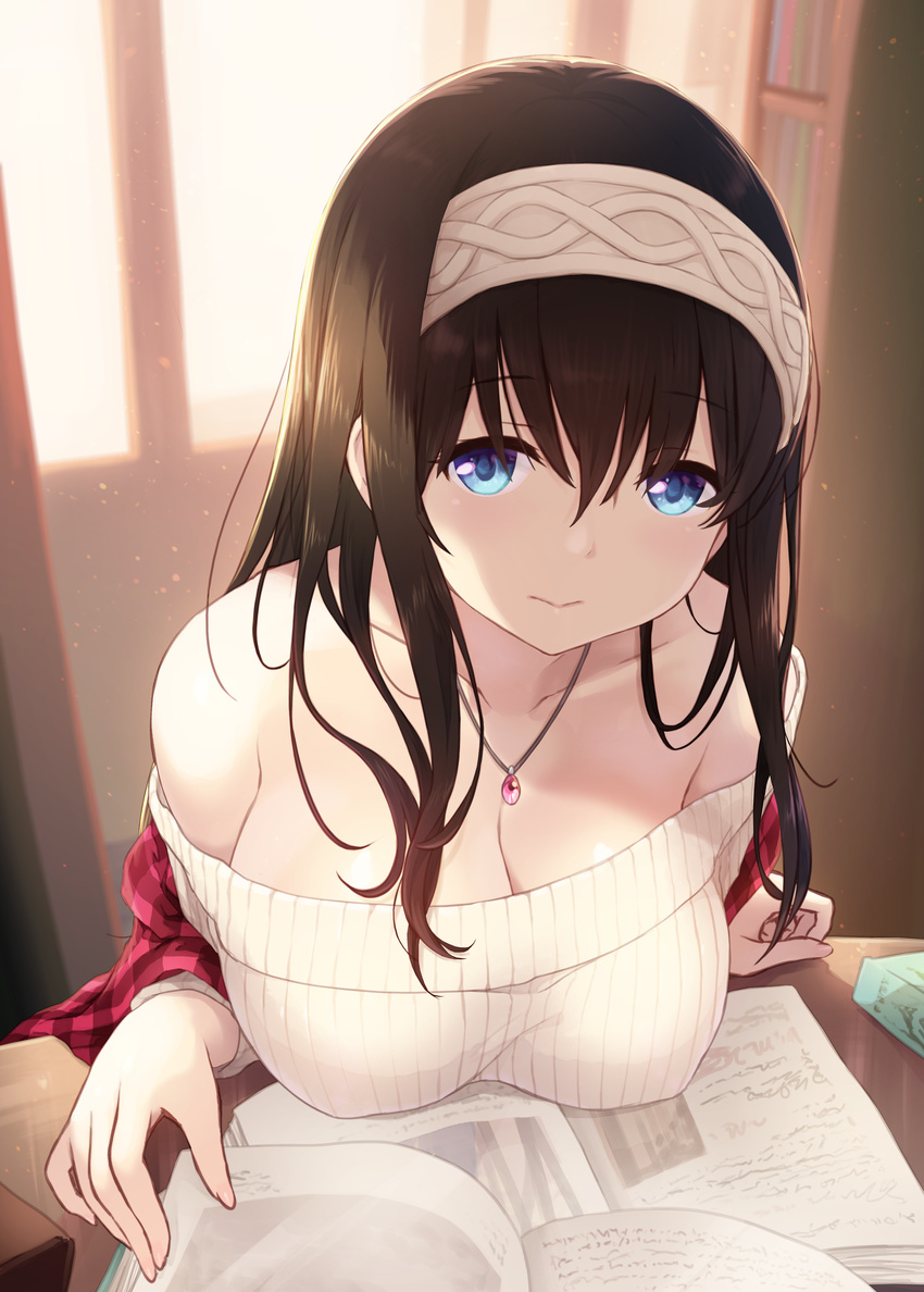 absurdres bangs bare_shoulders black_hair blue_eyes blurry blurry_background book breast_rest breasts cait cleavage collarbone eyebrows_visible_through_hair hairband highres idolmaster idolmaster_cinderella_girls impossible_clothes impossible_sweater jewelry large_breasts leaning_forward light_particles long_hair looking_at_viewer necklace paid_reward patreon_reward pendant plaid plaid_shirt ribbed_sweater sagisawa_fumika shirt solo straight_hair strapless sweater window
