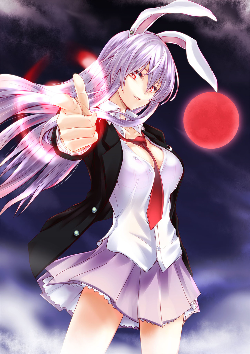 animal_ears bangs between_breasts breasts bunny_ears buttons cleavage collared_shirt cowboy_shot finger_gun fog full_moon hair_between_eyes highres jacket large_breasts legs_apart long_hair looking_at_viewer moon necktie necktie_between_breasts night night_sky open_clothes open_shirt outstretched_arm parted_lips pleated_skirt pointing pointing_at_viewer purple_hair purple_skirt red_eyes red_moon red_neckwear reisen_udongein_inaba shirt silve skirt sky solo standing straight_hair touhou white_shirt