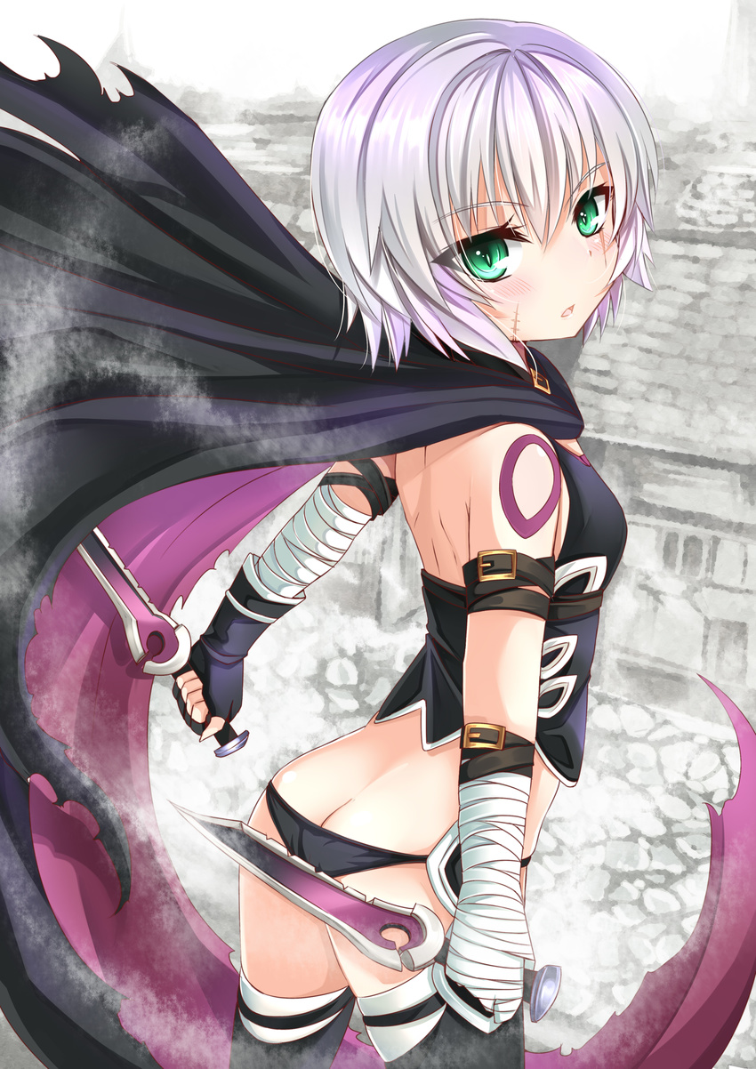 absurdres arched_back arm_belt ass backless_outfit bandaged_arm bandages bangs bare_shoulders belt belt_buckle black_cloak black_gloves black_legwear black_panties black_shirt blush brown_belt buckle butt_crack cloak cowboy_shot dagger dual_wielding eyebrows_visible_through_hair facial_scar fate/grand_order fate_(series) fingerless_gloves flat_ass fog from_behind gloves green_eyes grey_background gu_li hair_between_eyes highres holding holding_dagger holding_knife holding_weapon house jack_the_ripper_(fate/apocrypha) knife looking_at_viewer looking_back open_mouth outdoors panties purple_cloak reverse_grip scar scar_across_eye scar_on_cheek shirt short_hair shoulder_blades shoulder_tattoo silver_hair single_glove skindentation sleeveless sleeveless_shirt solo standing stone_floor tattoo thighhighs torn_cloak underwear weapon wind