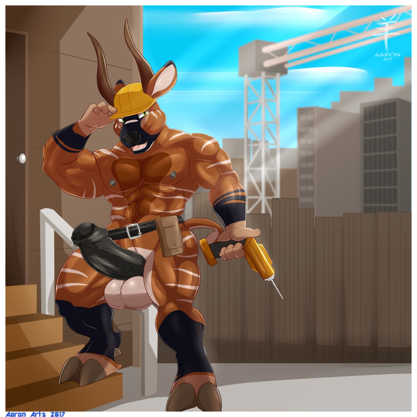 2017 4_fingers aaron_(artist) abs antelope anthro armor balls belly belt biceps big_penis biped black_fur black_markings black_nose black_penis blue_sky bongo_(antelope) border brown_fur brown_horn brown_tail city cloud cloven_hooves construction construction_site day detailed_background digital_media_(artwork) drill ear_markings erection facial_markings fence foreskin front_view full-length_portrait fur gloves_(marking) green_eyes grey_hooves grey_nipples hard_hat helmet hi_res holding_object hooves horn huge_penis humanoid_penis looking_at_viewer male mammal markings multicolored_fur multicolored_tail muscular muscular_male nico_voeller nipples nude open_mouth outside partially_retracted_foreskin pecs penis pepsi_(fa) pink_tongue portrait pose quads signature sky solo spread_legs spreading stairs standing step_pose striped_fur stripes sunlight tan_fur teeth thick_penis tongue uncut vein veiny_penis white_balls white_border white_fur white_stripes white_tail work