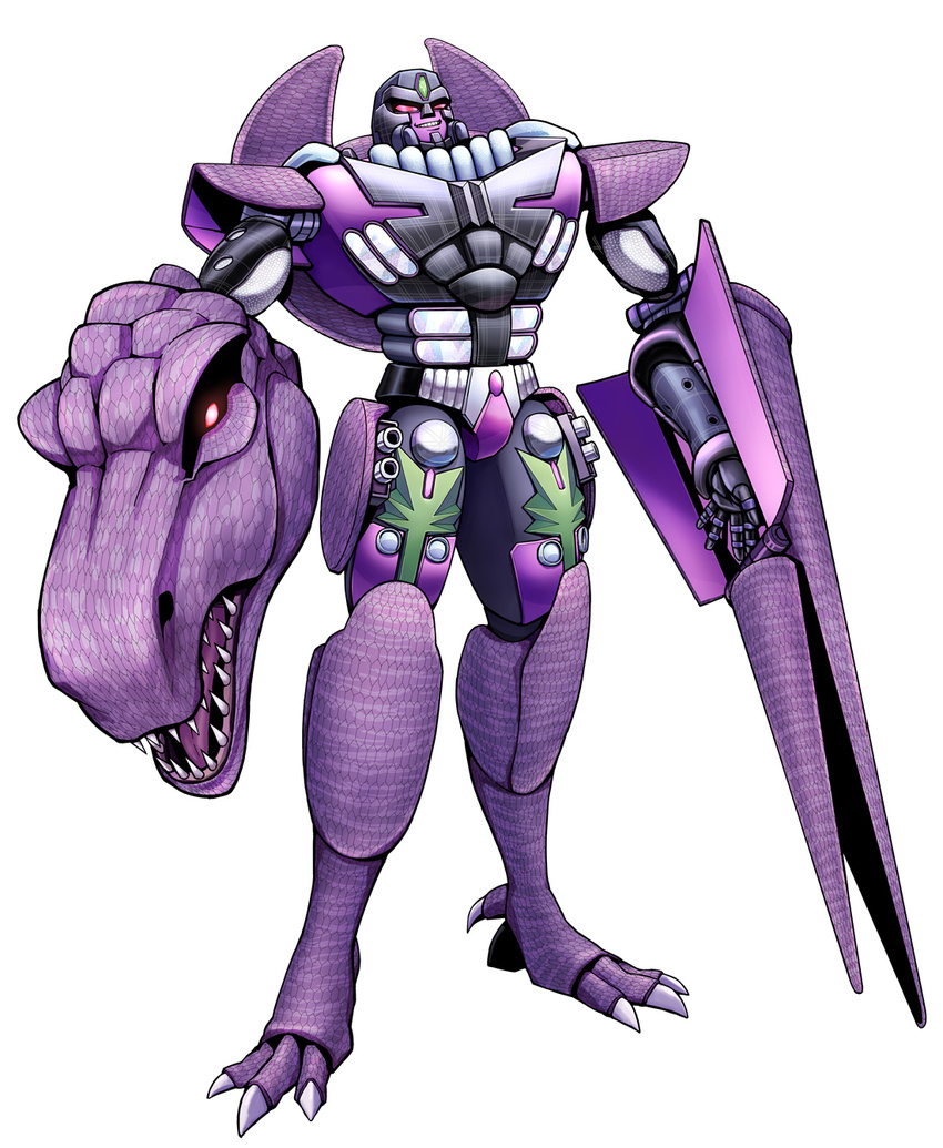 90s beast_wars clenched_teeth commentary_request decepticon dinosaur fangs full_body gattsu_(193159) grin highres looking_at_viewer mecha megatron_(beast_wars) no_humans oldschool predacon red_eyes robot sharp_teeth simple_background smile solo teeth transformers tyrannosaurus_rex weapon white_background