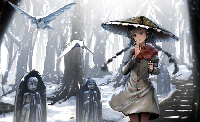ajirogasa bird black_hair braid capelet commentary day dress forest forest_of_magic grey_dress hat jizou long_hair long_sleeves nature outdoors red_capelet ryosios snow solo standing statue touhou tree twin_braids winter yatadera_narumi