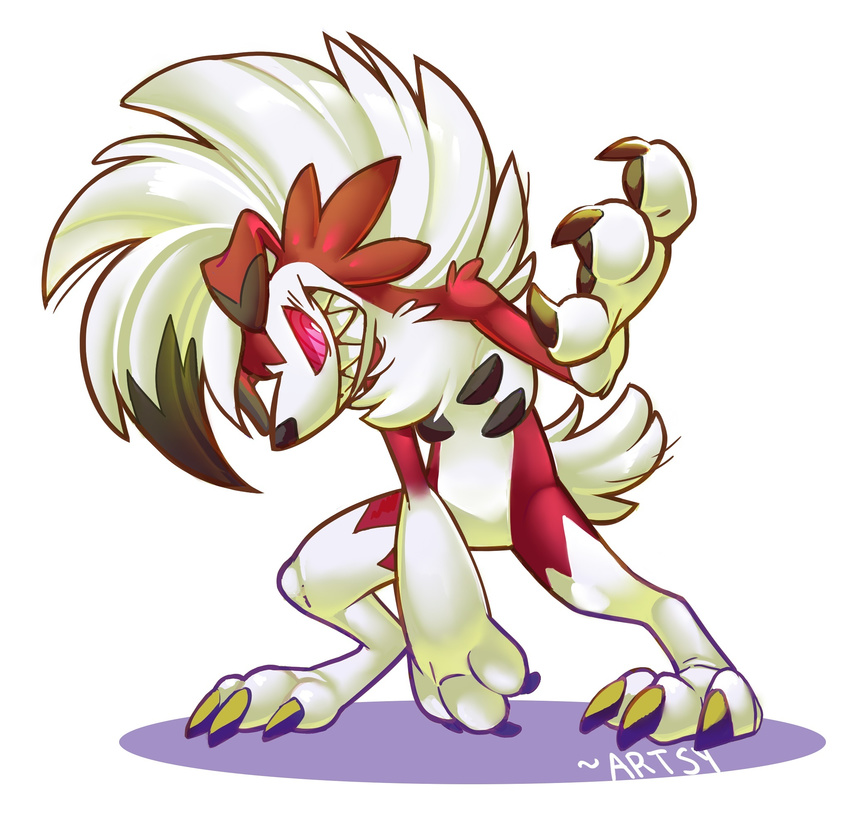 anthro artsy biped black_nose canine claws digitigrade fur hi_res lycanroc mammal midnight_lycanroc nintendo pok&eacute;mon red_eyes red_fur semi-anthro sharp_teeth simple_background solo teeth video_games white_background
