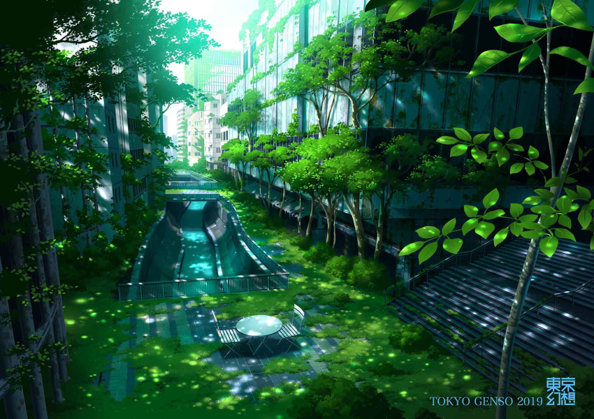 2019 artist_name bridge building canal chair cityscape commentary_request day fantasy grass highres huge_filesize no_humans original outdoors overgrown railing real_world_location ruins scenery stairs sunlight table tokyo_(city) tokyogenso tree tree_shade