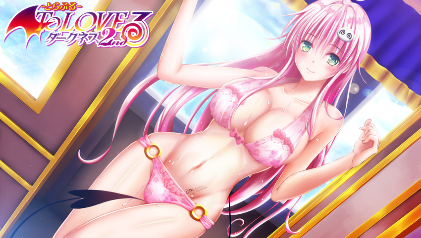 absurdres bikini blush breasts cleavage copyright_name dated demon_tail dutch_angle green_eyes hair_ornament hatsune_no_pantsu highres lala_satalin_deviluke large_breasts logo long_hair looking_at_viewer o-ring o-ring_bikini peke pink_bikini pink_hair signature smile solo swimsuit tail to_love-ru wet