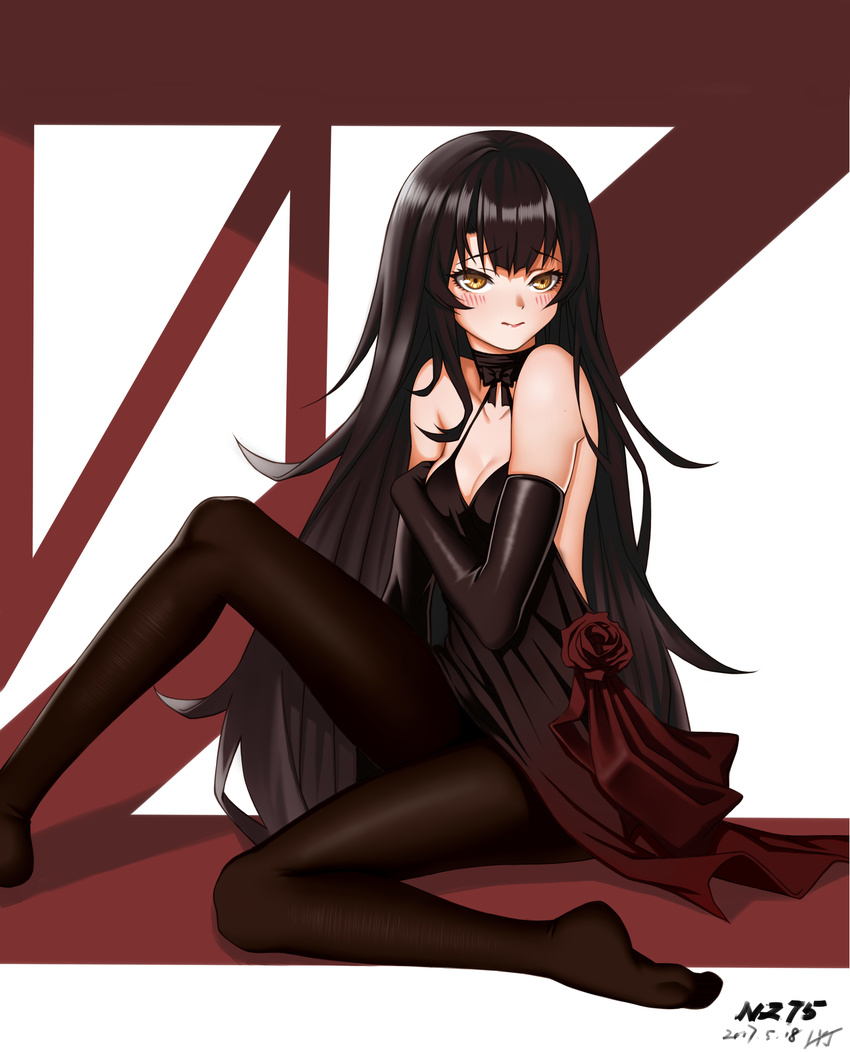 absurdres arm_across_chest backless_dress backless_outfit black_dress black_gloves black_hair blush breasts brown_legwear character_name choker cleavage commentary_request dated dress elbow_gloves fine_fabric_emphasis flower girls_frontline gloves halter_dress highres knee_up lips long_hair looking_at_viewer medium_breasts no_shoes nz_75_(girls_frontline) pantyhose red_ribbon ribbon rose signature sitting solo very_long_hair yellow_eyes zui_ai_shuang_mawei