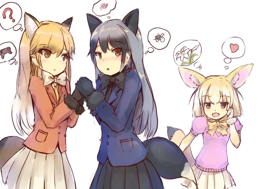 ? animal_ears black_gloves blonde_hair blush bow bowtie commentary ezo_red_fox_(kemono_friends) fennec_(kemono_friends) flower fox_ears fox_tail fur_trim gloves hair_between_eyes heart highres jacket kemono_friends lily_(flower) long_hair looking_at_viewer missile228 multicolored_hair multiple_girls silver_fox_(kemono_friends) silver_hair spoken_blush spoken_flower spoken_heart spoken_object spoken_question_mark spoken_squiggle squiggle tail thought_bubble yuri