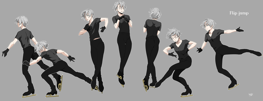 black_gloves blue_eyes closed_eyes english figure_skating gloves grey_background highres ice_skates jumping male_focus mouri pants sequential shirt silver_hair skates t-shirt viktor_nikiforov yuri!!!_on_ice