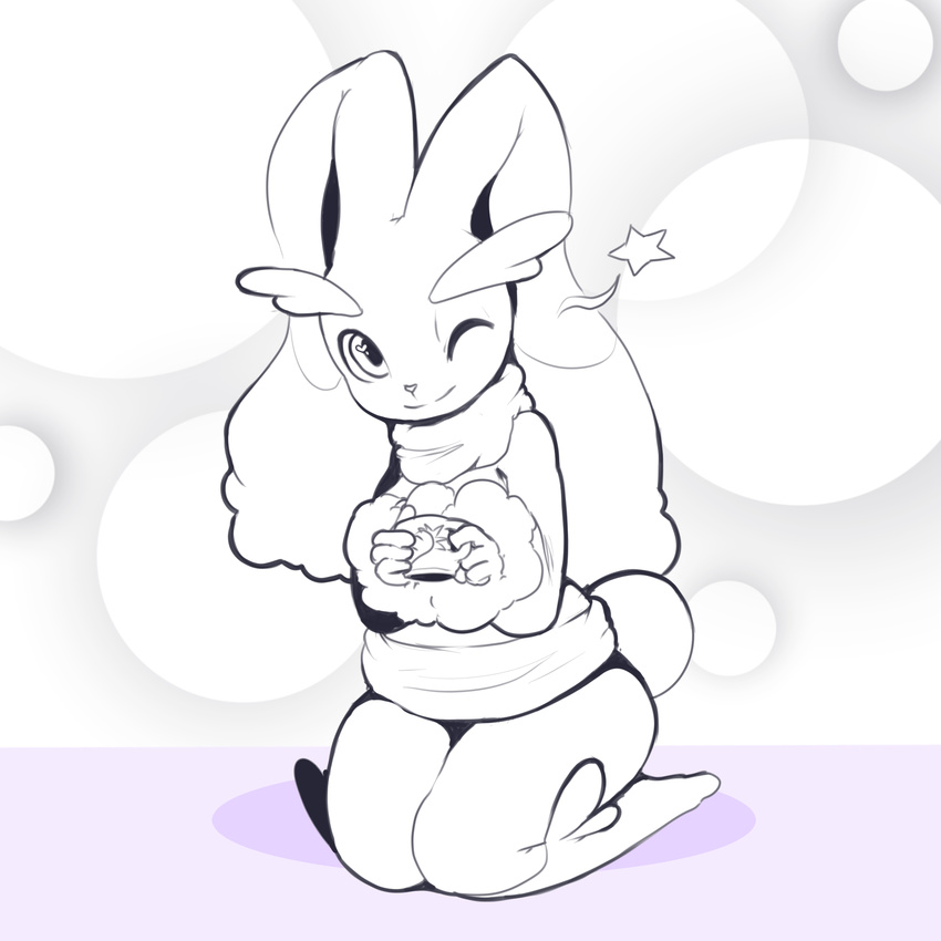 &lt;3 ambiguous_gender anthro big_ears clothed clothing cup fur hi_res itsunknownanon lagomorph looking_at_viewer lopunny mammal monochrome nintendo one_eye_closed pok&eacute;mon smile solo video_games