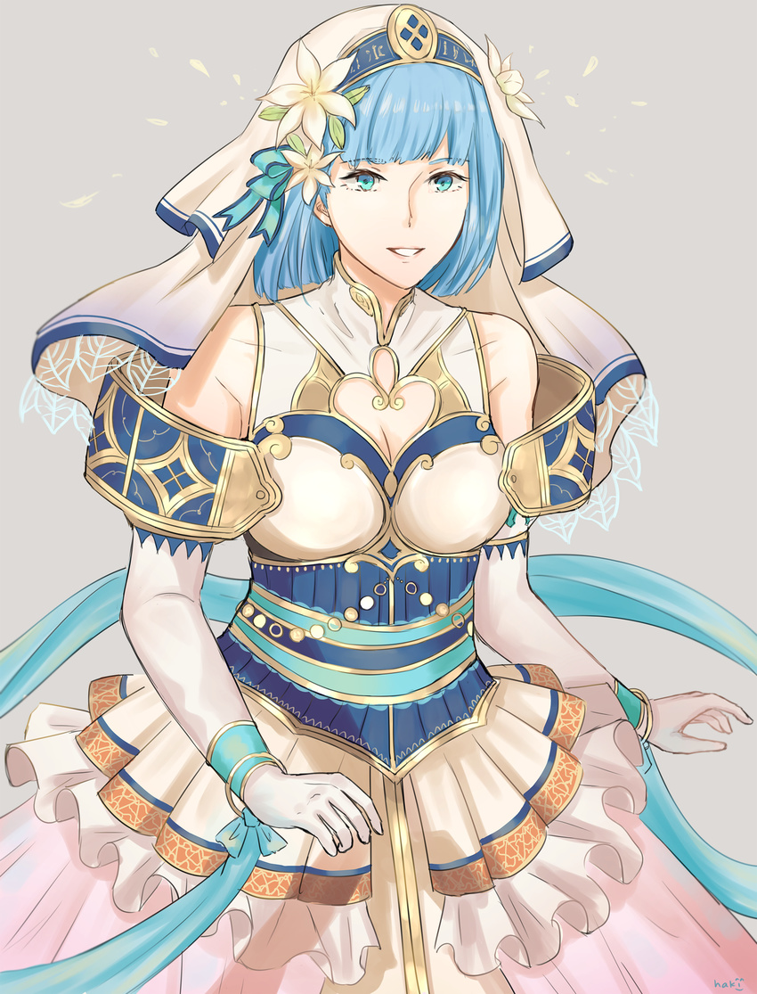 absurdres bare_shoulders blue_eyes blue_hair breasts cleavage cleavage_cutout dress elbow_gloves fire_emblem fire_emblem_echoes:_mou_hitori_no_eiyuuou gloves grin hakirino highres large_breasts looking_at_viewer short_hair silk_(fire_emblem) smile solo veil