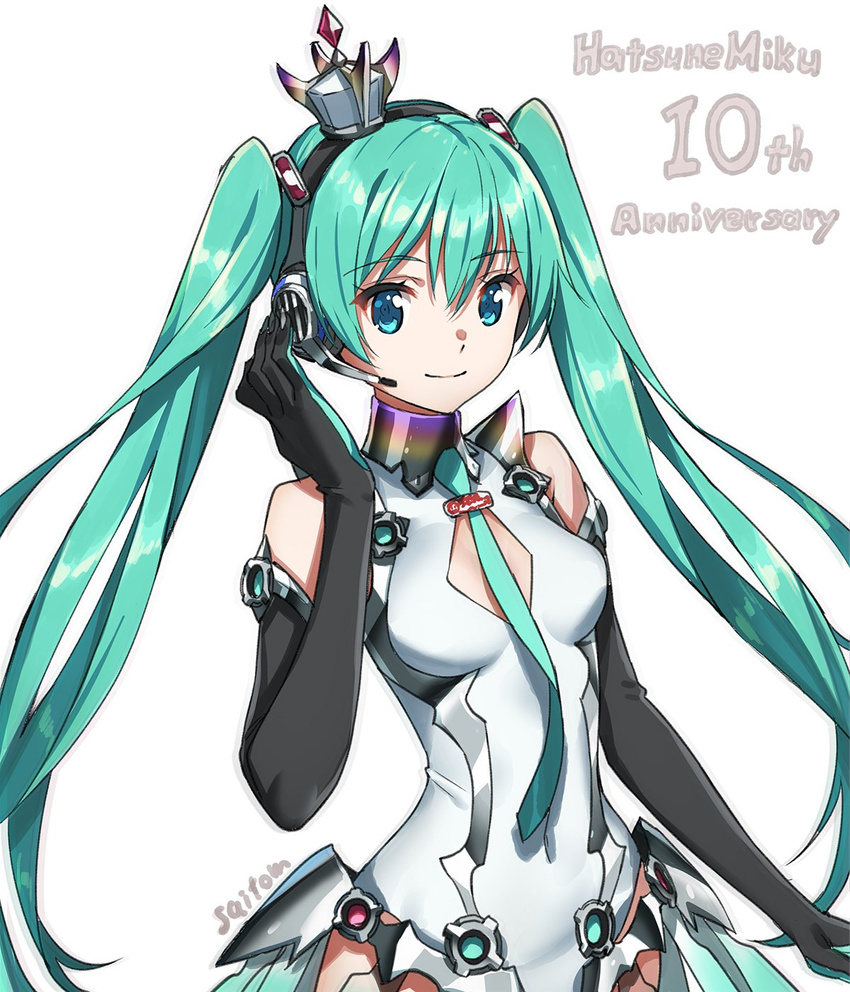 aqua_hair aqua_neckwear artist_name black_gloves black_hairband blue_eyes breasts character_name covered_navel elbow_gloves eyebrows_visible_through_hair floating_hair gloves hair_between_eyes hairband hatsune_miku headphones highres leotard long_hair looking_at_viewer necktie saitou_masatsugu simple_background small_breasts smile solo standing twintails very_long_hair vocaloid white_background white_leotard