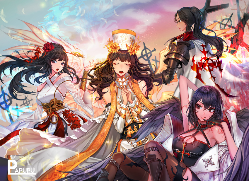 angel armor artist_name bad_id bad_pixiv_id black_eyes black_hair blush breasts cleavage closed_eyes dungeon_and_fighter earrings eyebrows_visible_through_hair facing_viewer female_crusader_(dungeon_and_fighter) female_priest_(dungeon_and_fighter) highres inquisitor_(dungeon_and_fighter) japanese_clothes jewelry large_breasts long_hair looking_at_viewer looking_away miko mistress_(dungeon_and_fighter) multiple_girls open_mouth papupu parted_lips ponytail shaman_(dungeon_and_fighter) short_hair smile tongue tongue_out