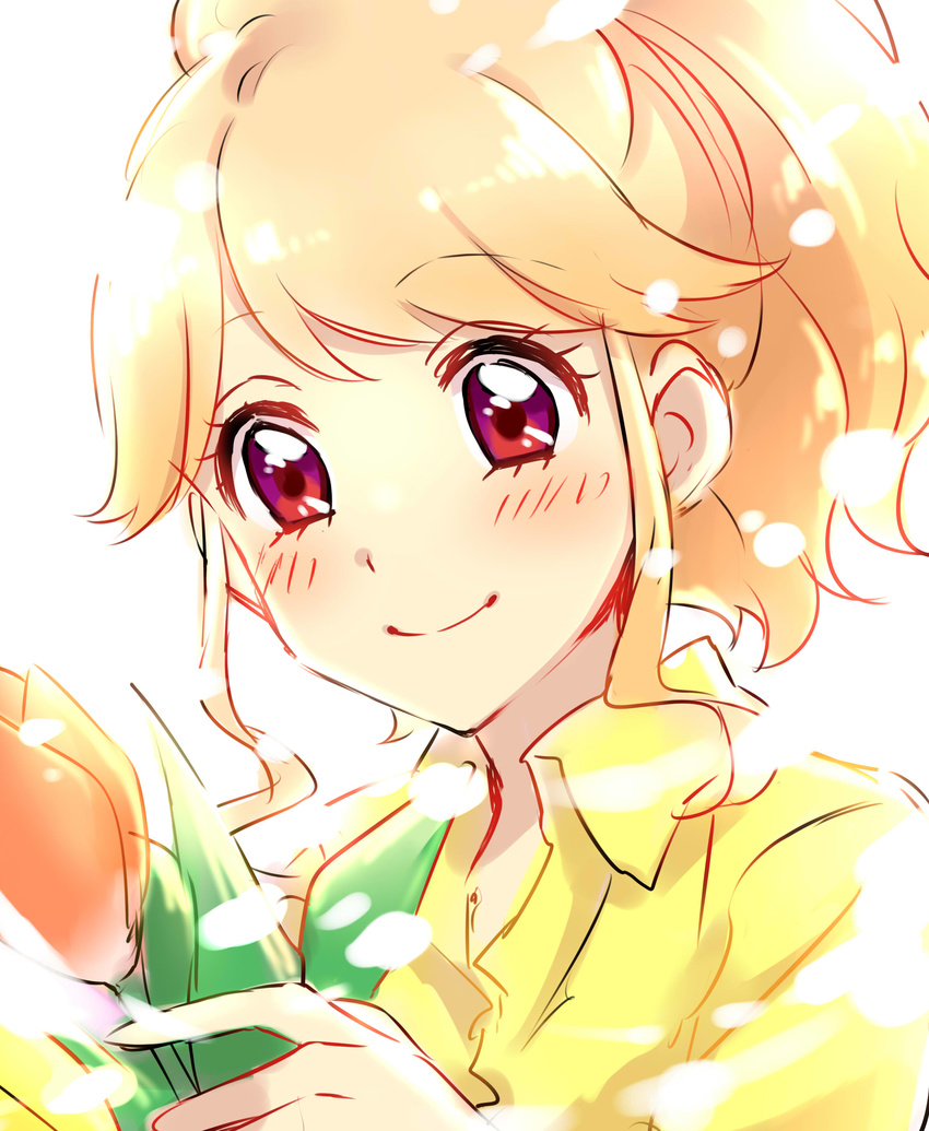 absurdres aikatsu! aikatsu!_(series) bangs blonde_hair blush close-up closed_mouth commentary_request eyebrows_visible_through_hair face flower highres holding holding_flower jacket looking_down multicolored multicolored_eyes natsuki_mikuru ponytail purple_eyes red_eyes rose sekina simple_background sketch smile solo white_background yellow_jacket
