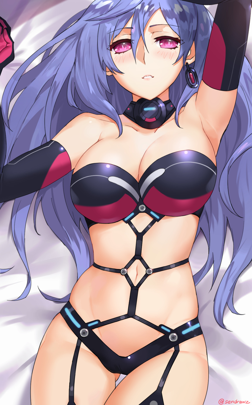 alternate_costume armpits bed_sheet blue_hair blush breasts elbow_gloves gloves highres iris_heart kami_jigen_game_neptune_v large_breasts long_hair looking_at_viewer lying navel neptune_(series) on_back on_bed power_symbol purple_hair red_eyes sendrawz solo symbol-shaped_pupils very_long_hair