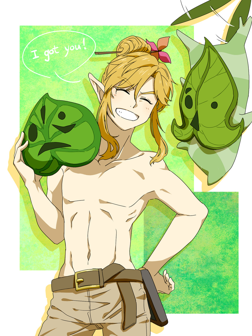 ^_^ ^o^ abs belt belt_buckle blonde_hair blush brown_belt buckle closed_eyes commentary_request earrings english facing_viewer grin hand_on_hip highres holding jewelry korok link long_hair male_focus mask open_mouth pointy_ears saiba_(henrietta) shirtless sidelocks smile solo speech_bubble the_legend_of_zelda the_legend_of_zelda:_breath_of_the_wild