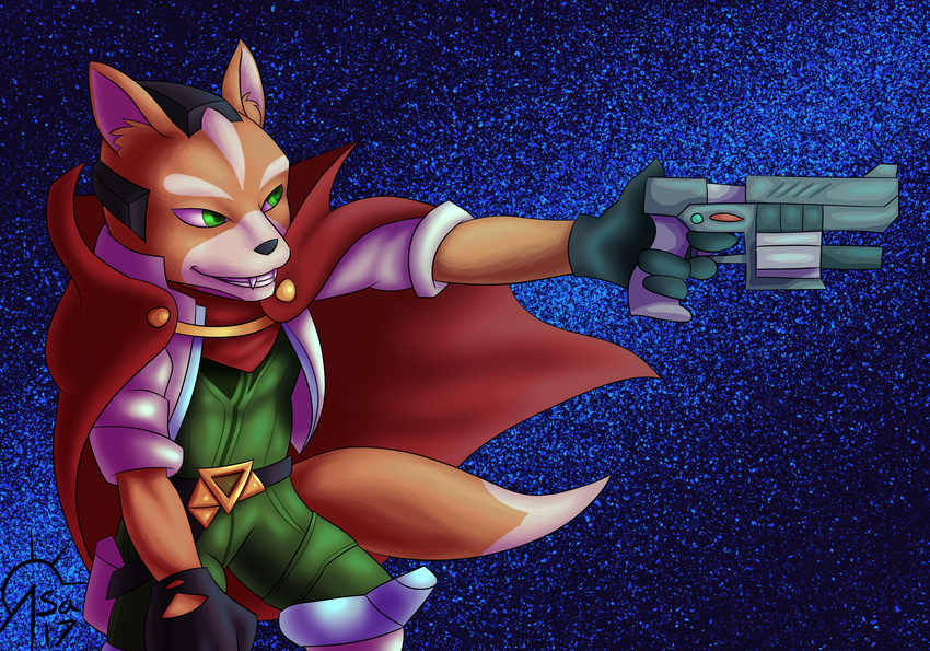 absurd_res armor cape clothing fox_mccloud fur gloves green_eyes gun helmet hi_res jacket jumpsuit male nintendo orange_fur ranged_weapon sacrificabominat scarf star star_fox video_games weapon