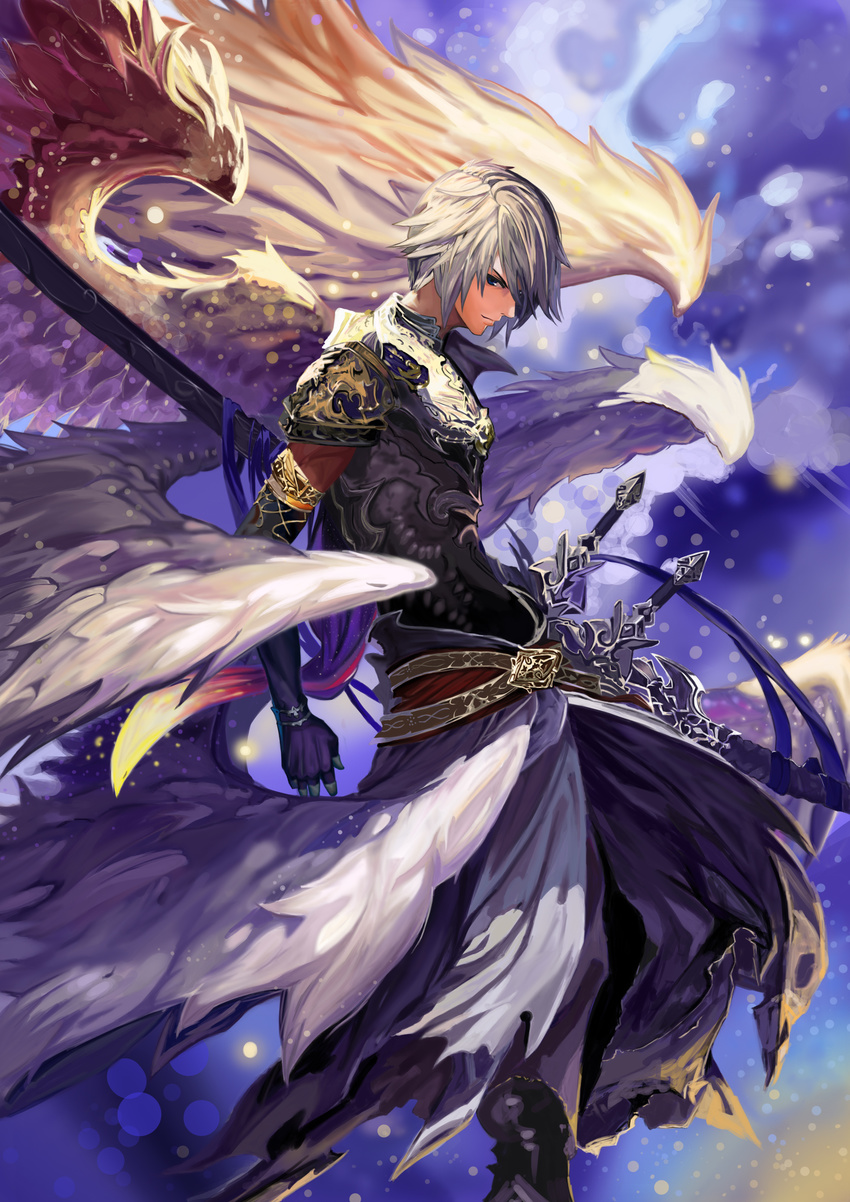 absurdres arcseraph_lucifer armor black_gloves blue_eyes derivative_work gloves highres lucifer_(shingeki_no_bahamut) male_focus profile rusk shadowverse sheath sheathed silver_hair solo standing sword weapon wings