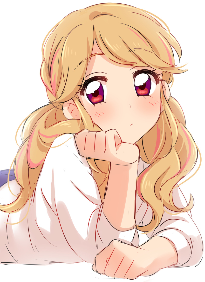 :&lt; aikatsu! aikatsu!_(series) alternate_hairstyle bangs blush brown_hair chin_rest closed_mouth commentary_request eyebrows_visible_through_hair highres long_hair long_sleeves looking_at_viewer lying multicolored multicolored_eyes multicolored_hair natsuki_mikuru on_stomach purple_eyes purple_skirt red_eyes sekina simple_background sketch skirt solo streaked_hair sweater upper_body white_background white_sweater