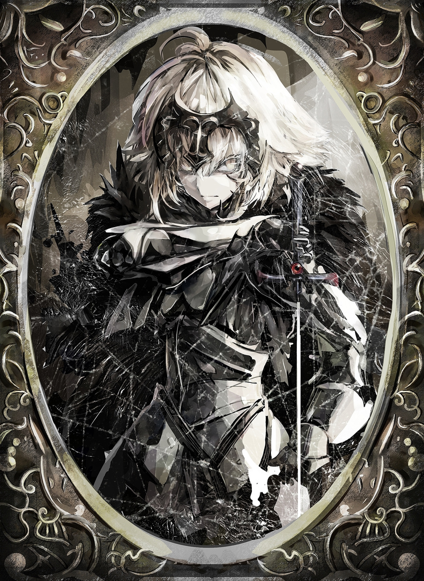 armor fate/grand_order fate_(series) fur_trim gauntlets headpiece highres jeanne_d'arc_(alter)_(fate) jeanne_d'arc_(fate)_(all) kataru_(ubw-emiya) monochrome photo_(object) picture_(object) picture_frame plackart serious sheath solo sword unsheathing weapon yellow_eyes