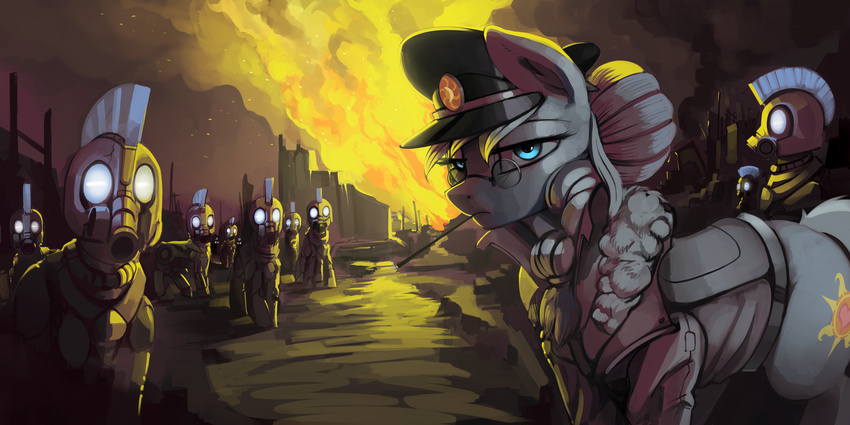 2017 armor cigarette cigarette_holder clothing cutie_mark dimfann equine eyewear female fire glasses hat helmet horse looking_at_viewer mammal my_little_pony pony