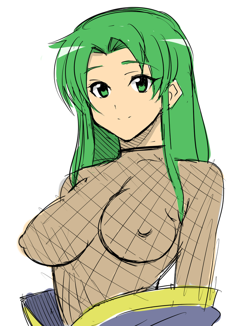 1girl artist_request breasts copyright_request fishnets ganbare_goemon green_eyes green_hair large_breasts long_hair nipples simple_background smile solo white_background yae